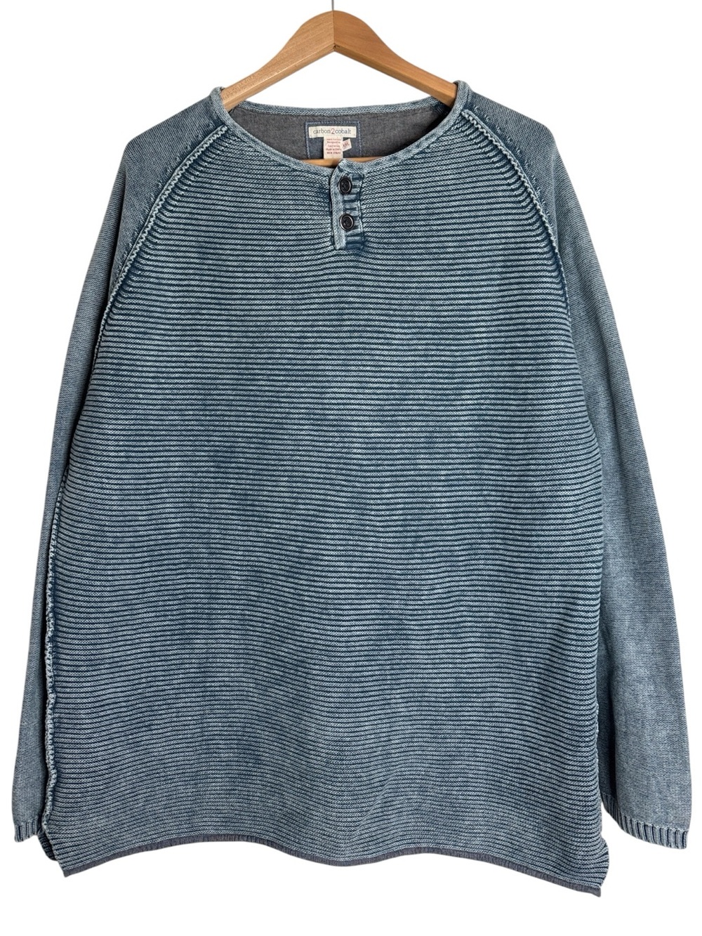 Carbon2 Cobalt Waterman Blue Heavy Rib Knit Cotton Acid Wash Henley Sweater XXL